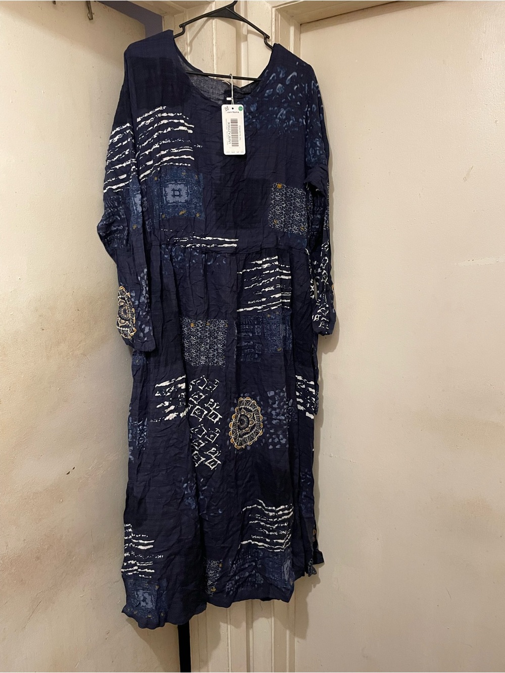 YESNO Women’s Blue Patchwork V-Neck Ruffle Maxi Dress 2XL Plus Cotton Woven